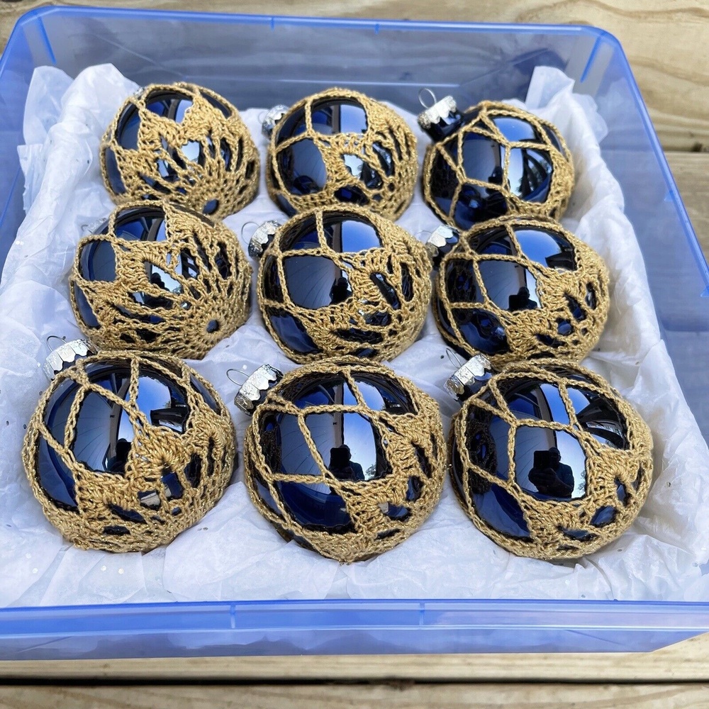 Rauch Ornaments Glass with Crocheted Covers Lot of 9 in Plastic Case